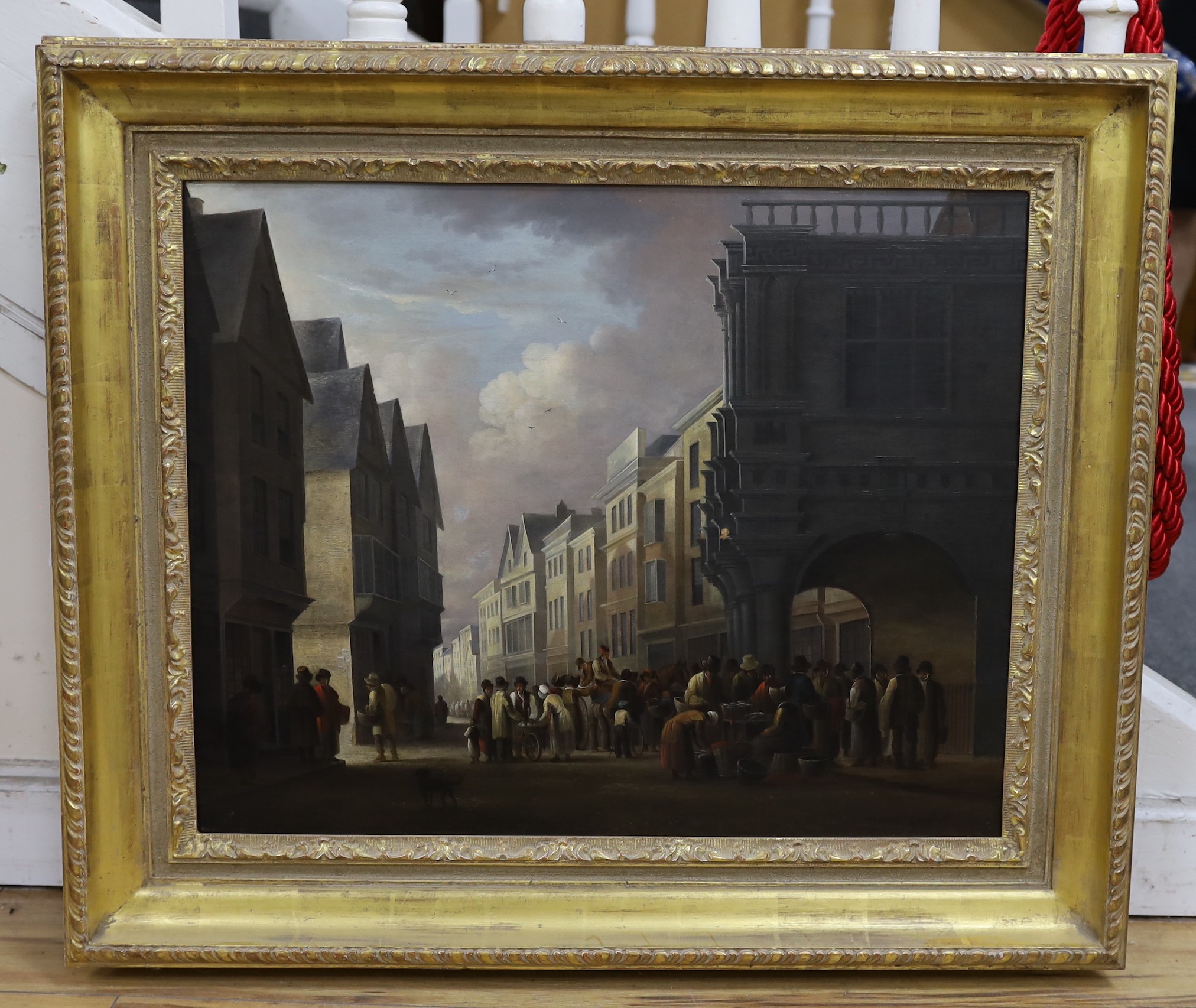 John Tucker (19th C.), oil on canvas, Street scene with numerous figures, inscribed verso and dated 1827, 50 x 63cm